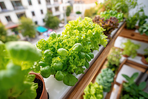 Fresh green lettuce growing in a balcony garden in a sunny urban setting, a Photo by AlyaAnd
