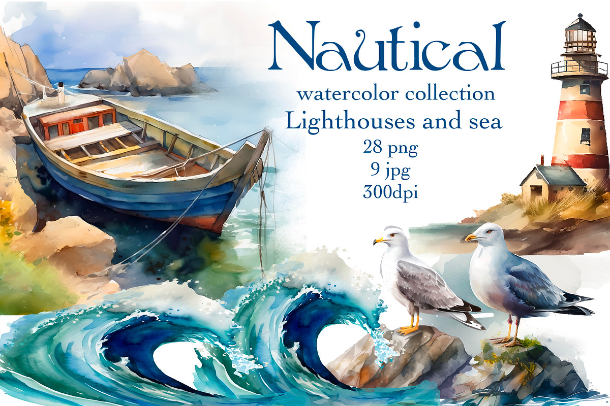 Nautical.Lighthouses and boats, an Object Illustration by AkvarelRiver (Photo 1 of 7)