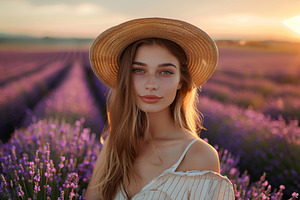 Portrait of bride in white wedding dress walking on lavender fie, a Person Photo by AlyaAnd