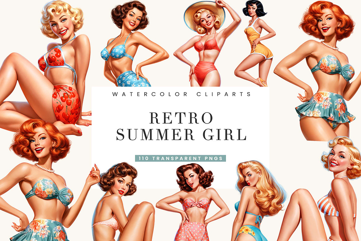 Retro Summer girl Clipart Bundle, a Person Illustration by BusyDaydesign (Photo 1 of 9)