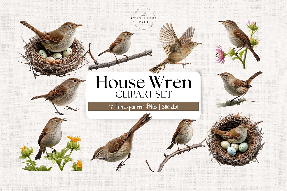 Watercolor House Wren Clipart Set, an Animal Illustration by The Twin Lakes Studio (Photo 1 of 7)
