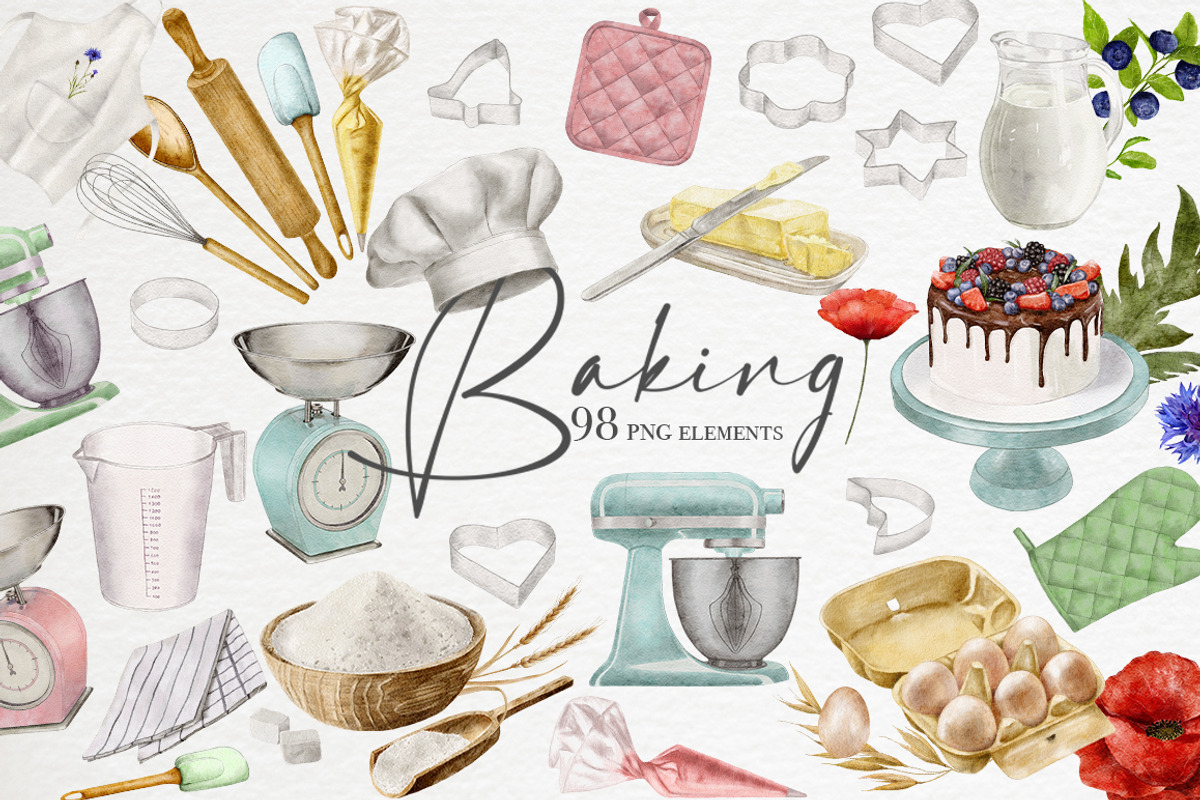 Watercolor baking cooking clipart, a Food Illustration by Dashadraws.art (Photo 1 of 8)