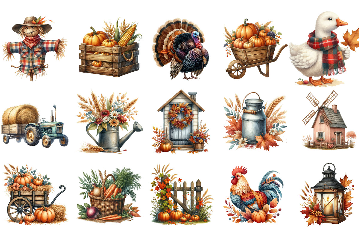 Watercolor Autumn Farm Clipart, an Illustration by Designking (Photo 3 of 5)