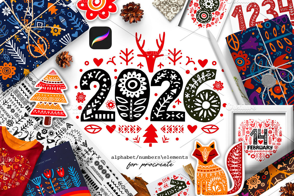 Folk Nordic Art Stamps for Procreate, a Brush Add-On by sundrameda (Photo 1 of 9)