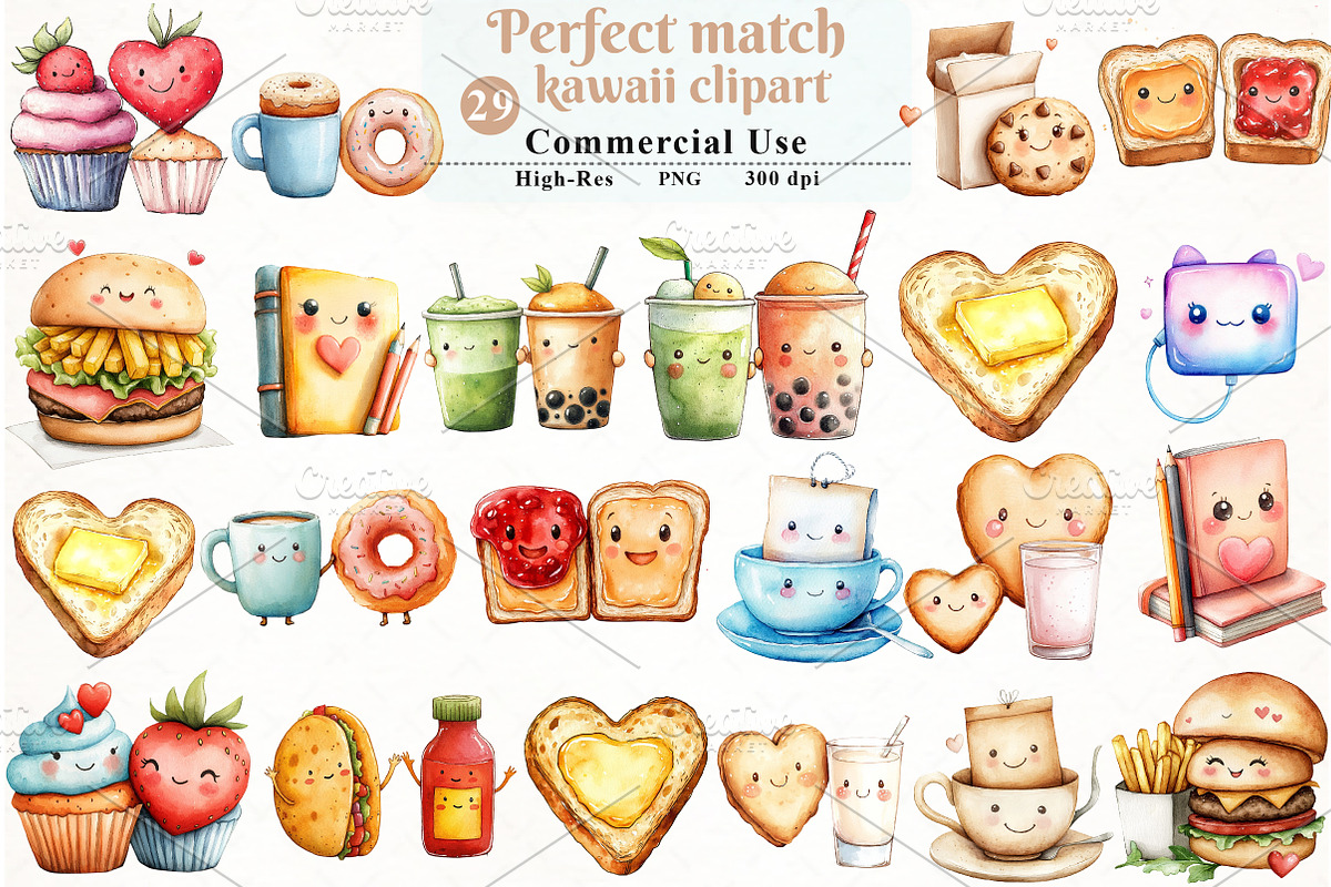 Perfect match kawaii clipart, an Illustration by Watercolor design (Photo 1 of 11)