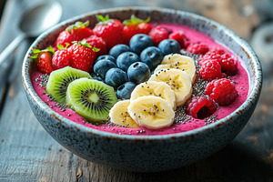 A vibrant smoothie bowl topped with fresh fruits like kiwi, banana, blueberries, a Food Illustration by Textures & Backgrounds