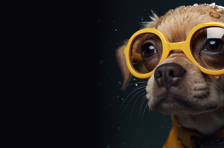dog in sunglasses, summertime holiday concept, panoramic layout., an Animal Photo by Ales Munt