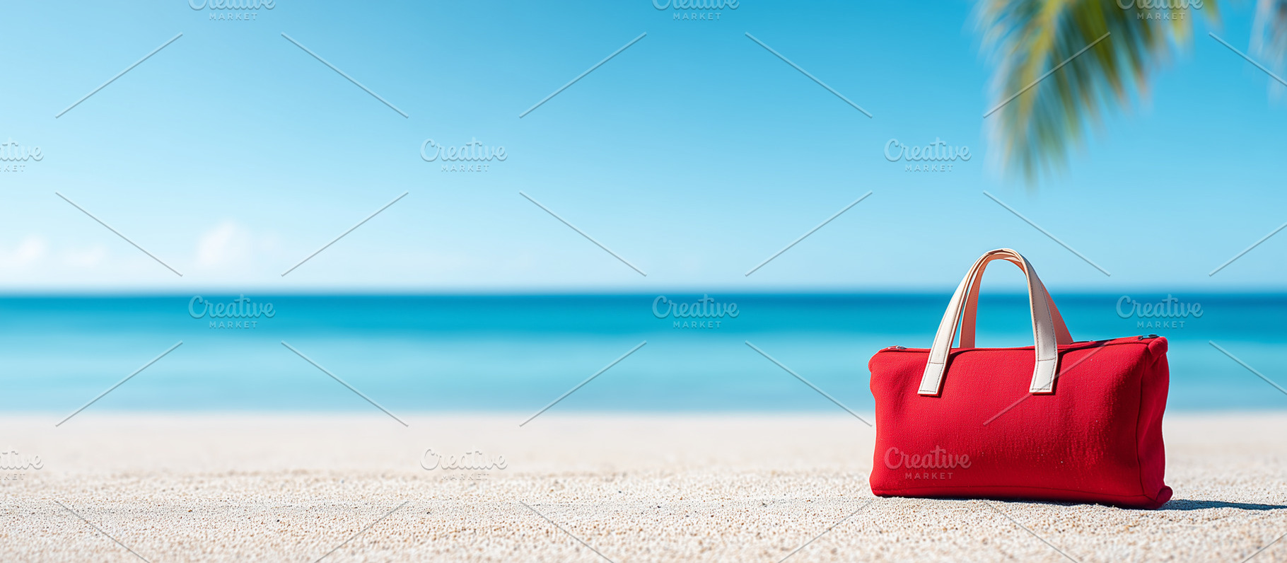 Red beach bag rests on the sand, a Holiday Photo by MistyDay