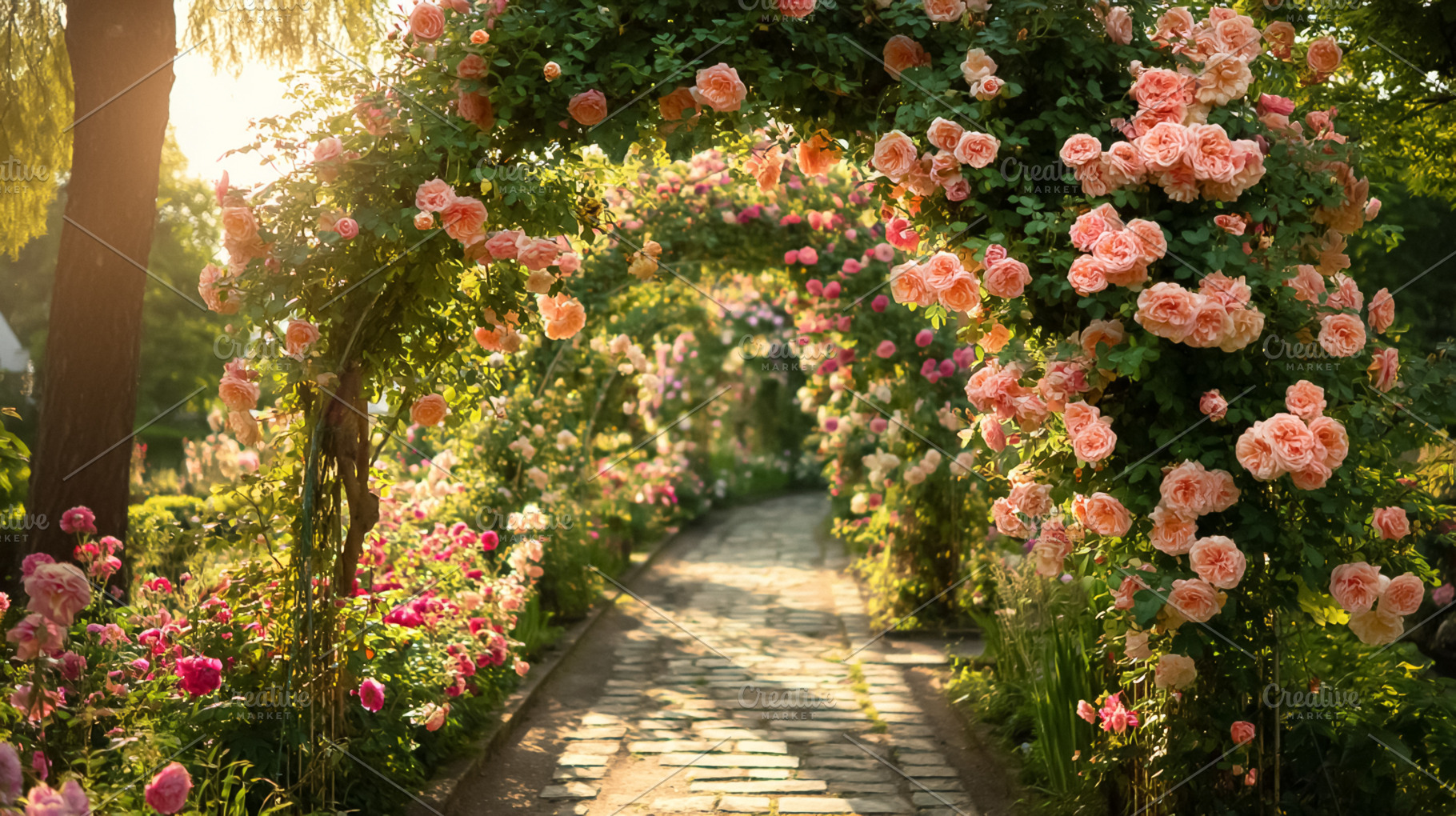 Lush rose garden path winding through blooming flower arches at, a Photo by Studio ANNA