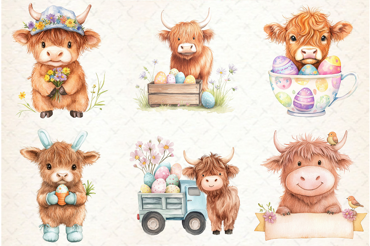 Highland Cow Easter Clipart, an Illustration by Watercolor design (Photo 3 of 4)