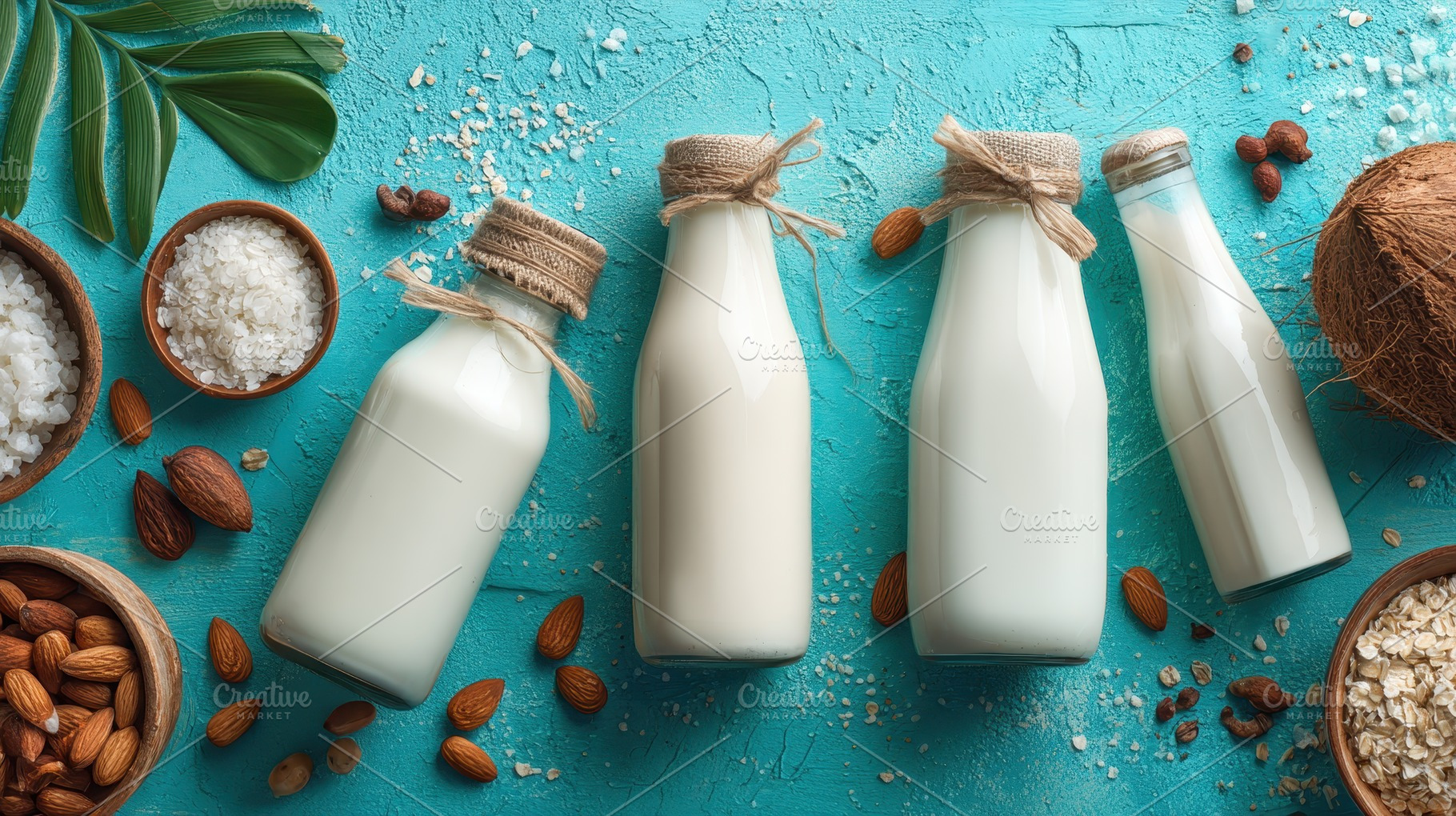 Bottles of nut milk surrounded, a Photo by Pavel_design