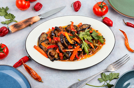 Stewed aubergine saute, tasty vegeta, a Food & Drink Photo by MLunov MLunov