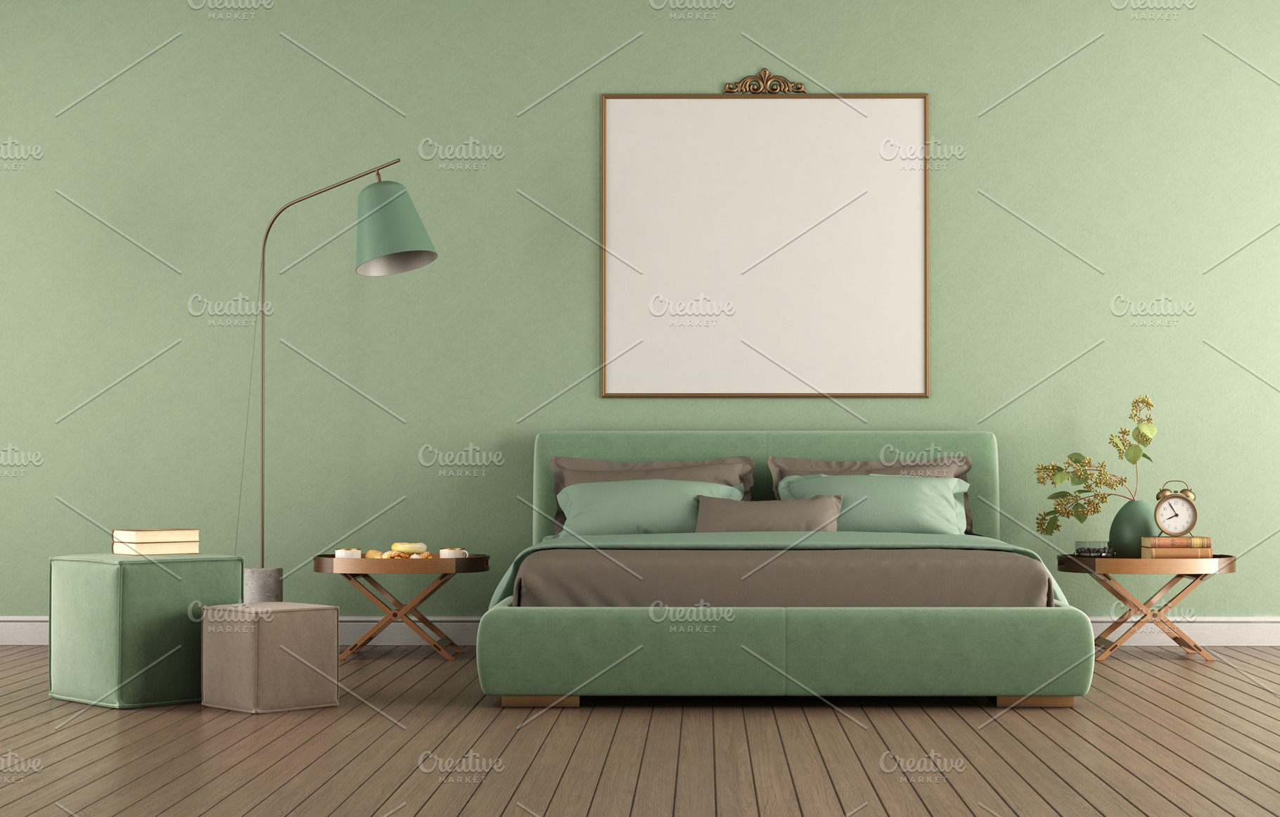 Green elegant bedroom with double bed, an Architecture Photo by Archideaphoto