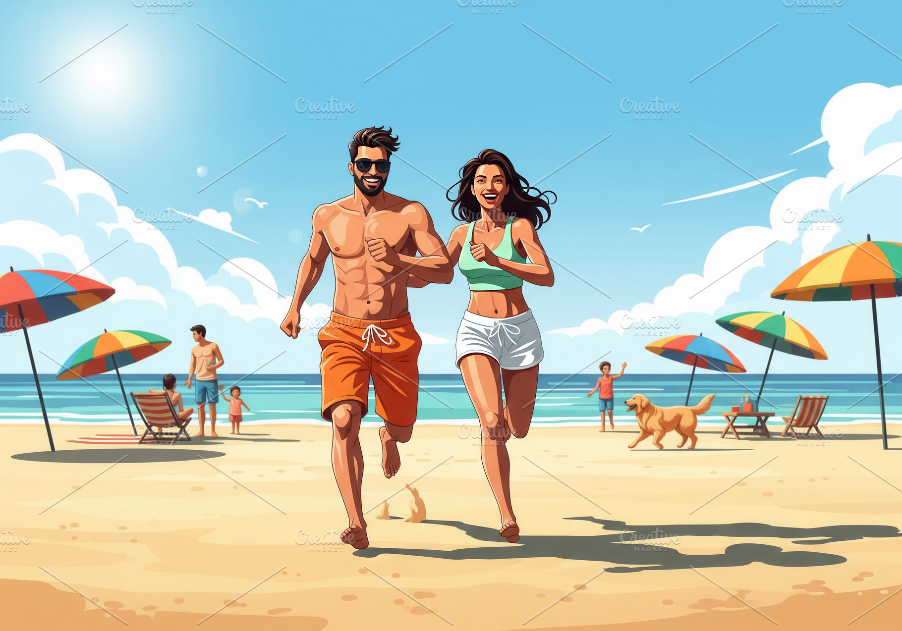 Illustration couple running beach, a Holiday Photo by angellodeco