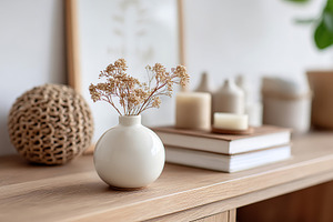Ceramic vase holding dried branches on a wooden table in a bright room, a Photo by AlyaAnd