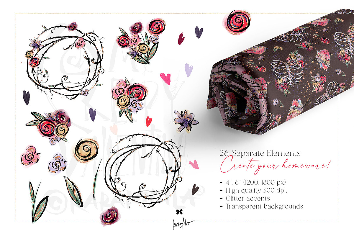 Whimsical Gothic Valentine Clipart, a Seasonal Illustration by KaramfilaS (Photo 4 of 8)