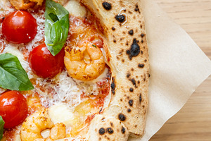 Italian pizza homemade dish tomatoes cheese shrimp, a Food & Drink Photo by Photo Drive Studio