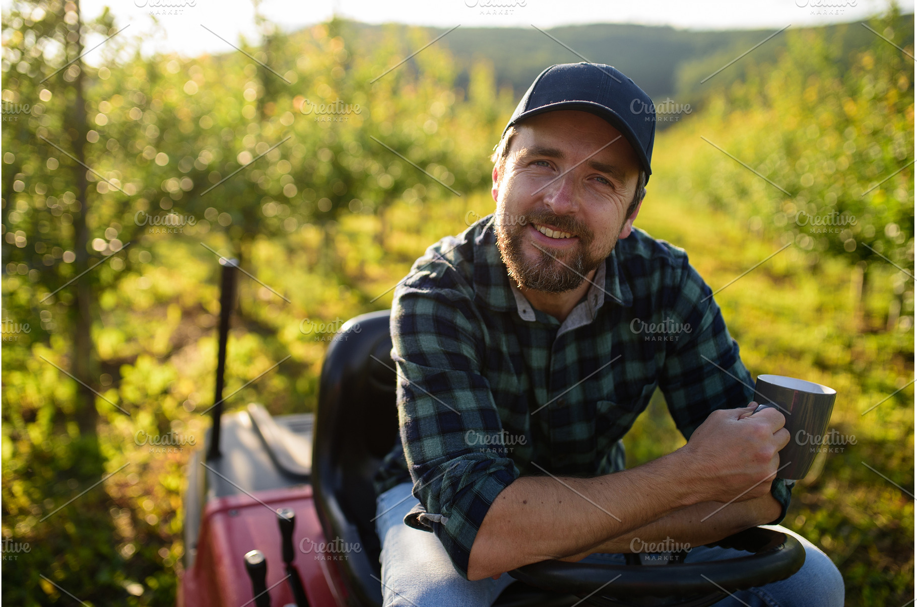 Farmer sitting on small tractor in, a Business Photo by HalfPoint