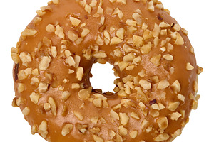 Caramel-glazed donut with nut crumbles on an isolated background, a Food & Drink Photo by ndanko