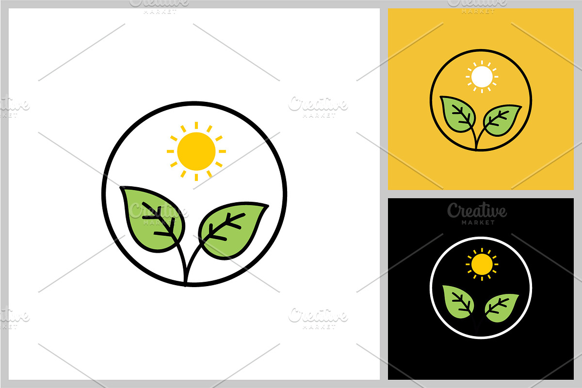 Eco Plant Icon with Leaves and sun, a Branding & Logo Template by quadrazo