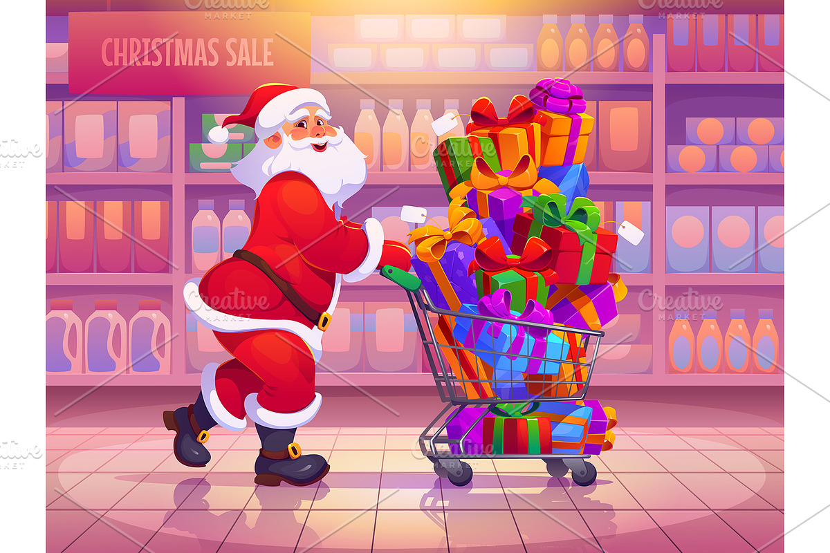 Cartoon Santa with shopping cart, a Seasonal Illustration by Seavector Studio (Photo 2 of 3)
