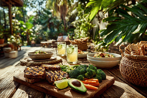 Sunny outdoor meal grilled bread veg, a Photo by Pixeness Studio