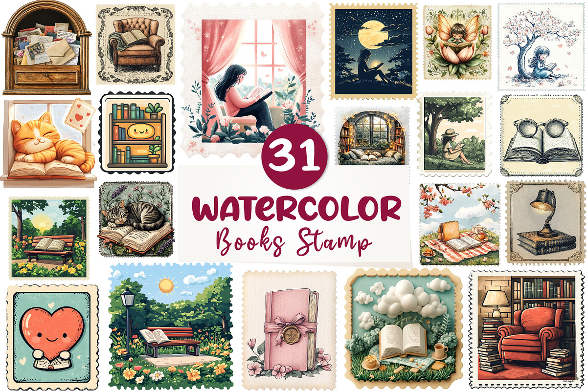 Reading Books Postage Stamp Clipat, an Illustration by CreationArt (Photo 1 of 9)