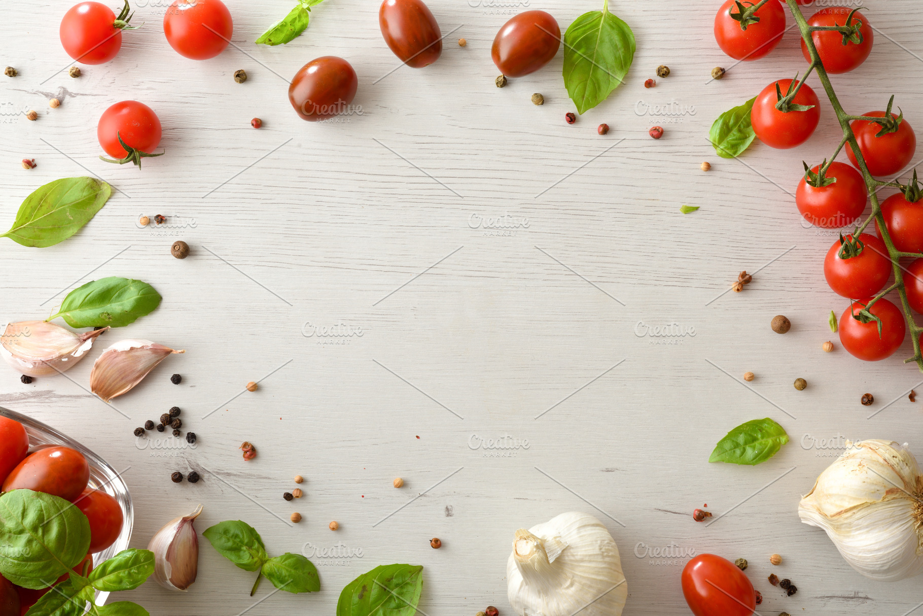 Fresh Tomatoes and Basil Border Background, a Food & Drink Photo by Davizro's Market