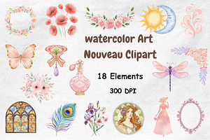 Watercolor Art Nouveau Clipart, a Decorative Illustration by BerryPieArt
