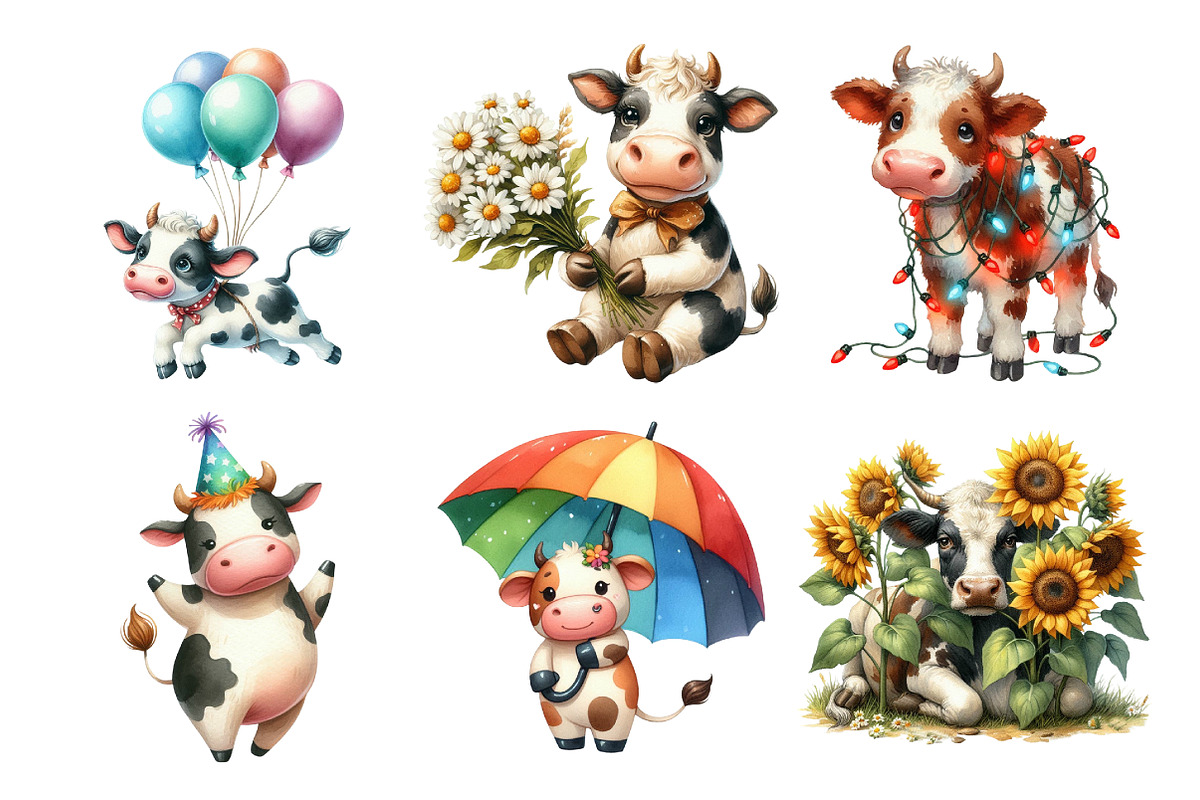 Watercolor Funny Cow Clipart, an Illustration by Daily.Designs (Photo 2 of 5)
