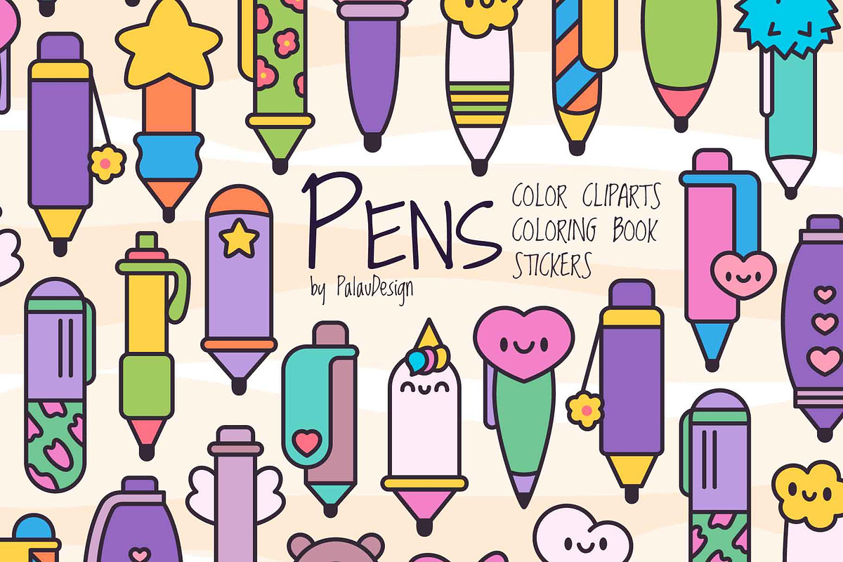Cute Kawaii School Pens Supplies, an Education Illustration by Palau (Photo 1 of 12)