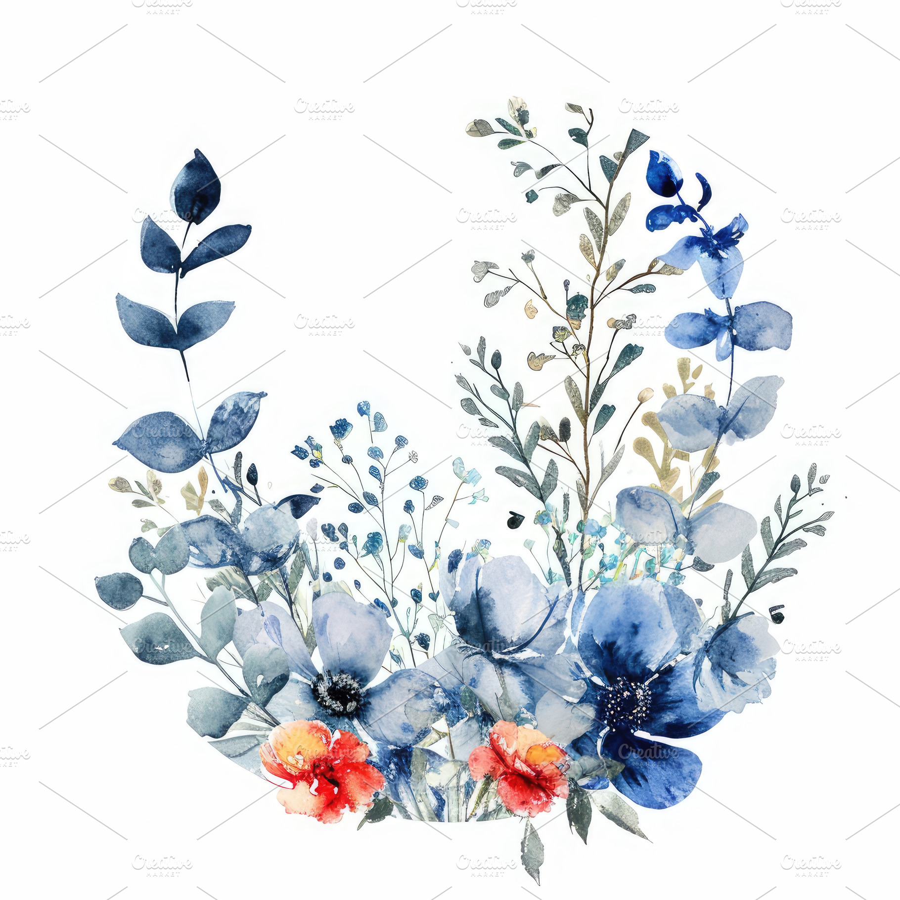Delicate watercolor wreath with blue, a Photo by SaroStock