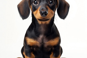 Adorable black and tan Dachshund puppy, sitting cutely with big eyes and a shin, an Animal Photo by ImageMir