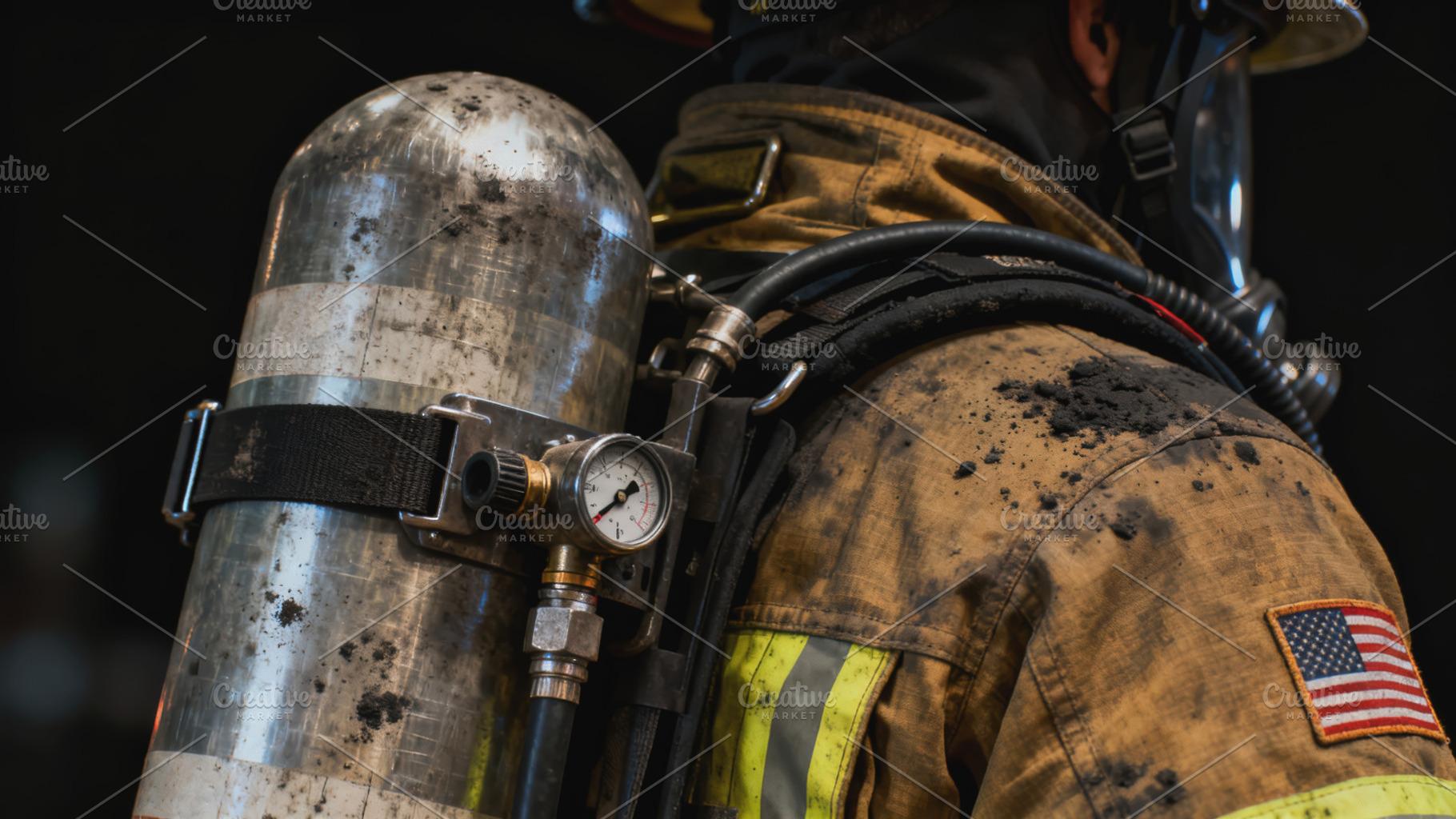 Firefighter with oxygen tank and soo, an Industrial Photo by Perpis