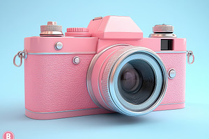 Pink vintage camera on a pastel blue, a Photo by Tanuart