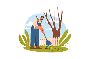 Gardener sweeping leaves at yard, an Illustration by Elegant Solution