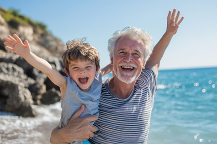 Happy grandfather and his grandson, a Photo by Pavel_design