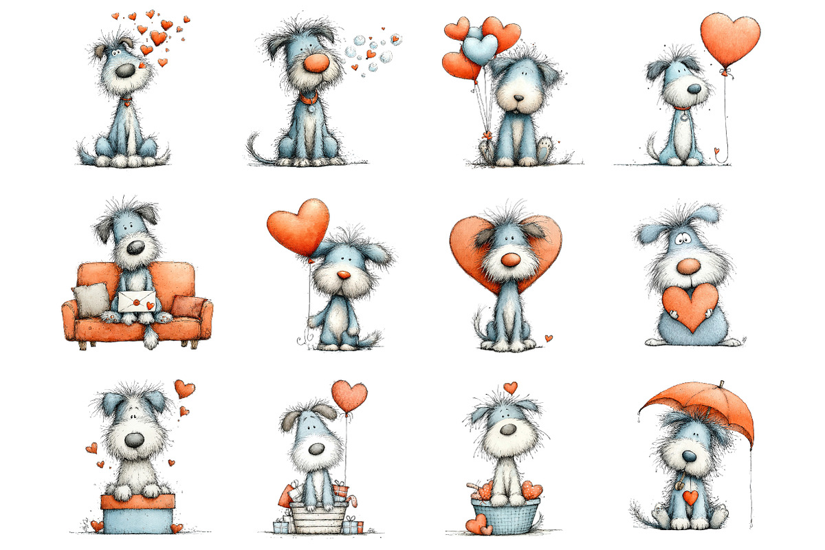 Cute Whimsical Valentine Fluffy Dogs, an Illustration by SinaCreation (Photo 2 of 11)