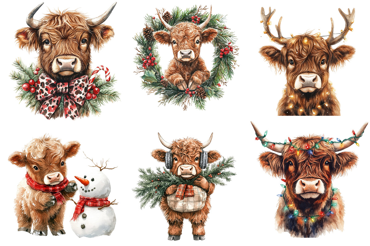 Christmas Highland Cow Clipart, an Illustration by SinaCreation (Photo 3 of 7)