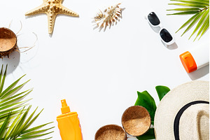 Summer flat lay background with palm