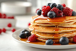 Delicious pancakes topped with fresh berries and syrup for a perfect breakfast, a Food & Drink Photo by AlyaAnd