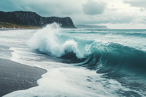 Waves crashing on a rugged coastline in overcast weather at dusk, a Nature Photo by AlyaAnd