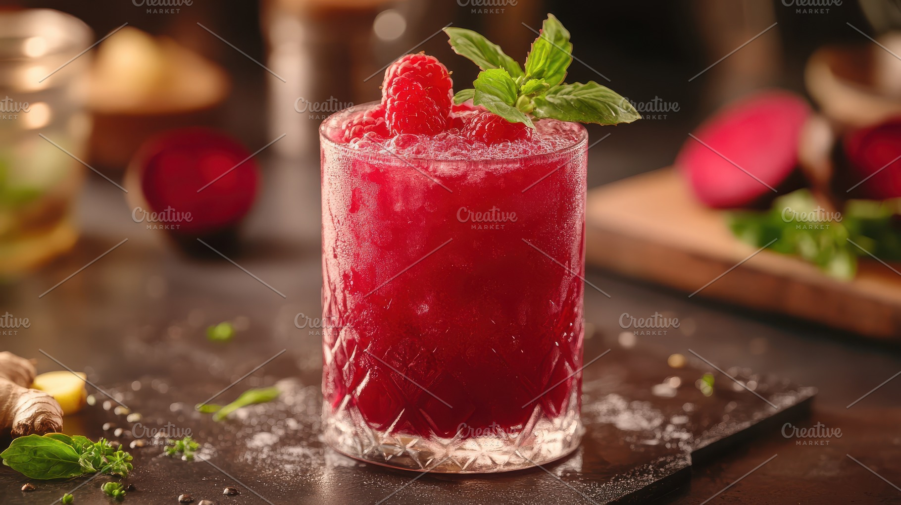 Refreshing raspberry cocktail with m, a Food & Drink Photo by Pixeness Studio