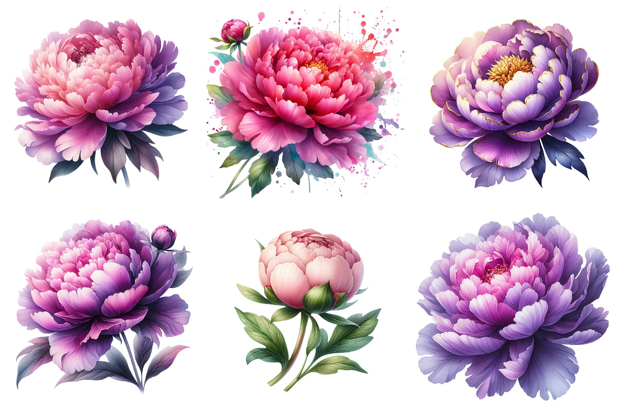 Pink & Purple Peony Flowers Clipart, an Illustration by Watercolor design (Photo 2 of 4)