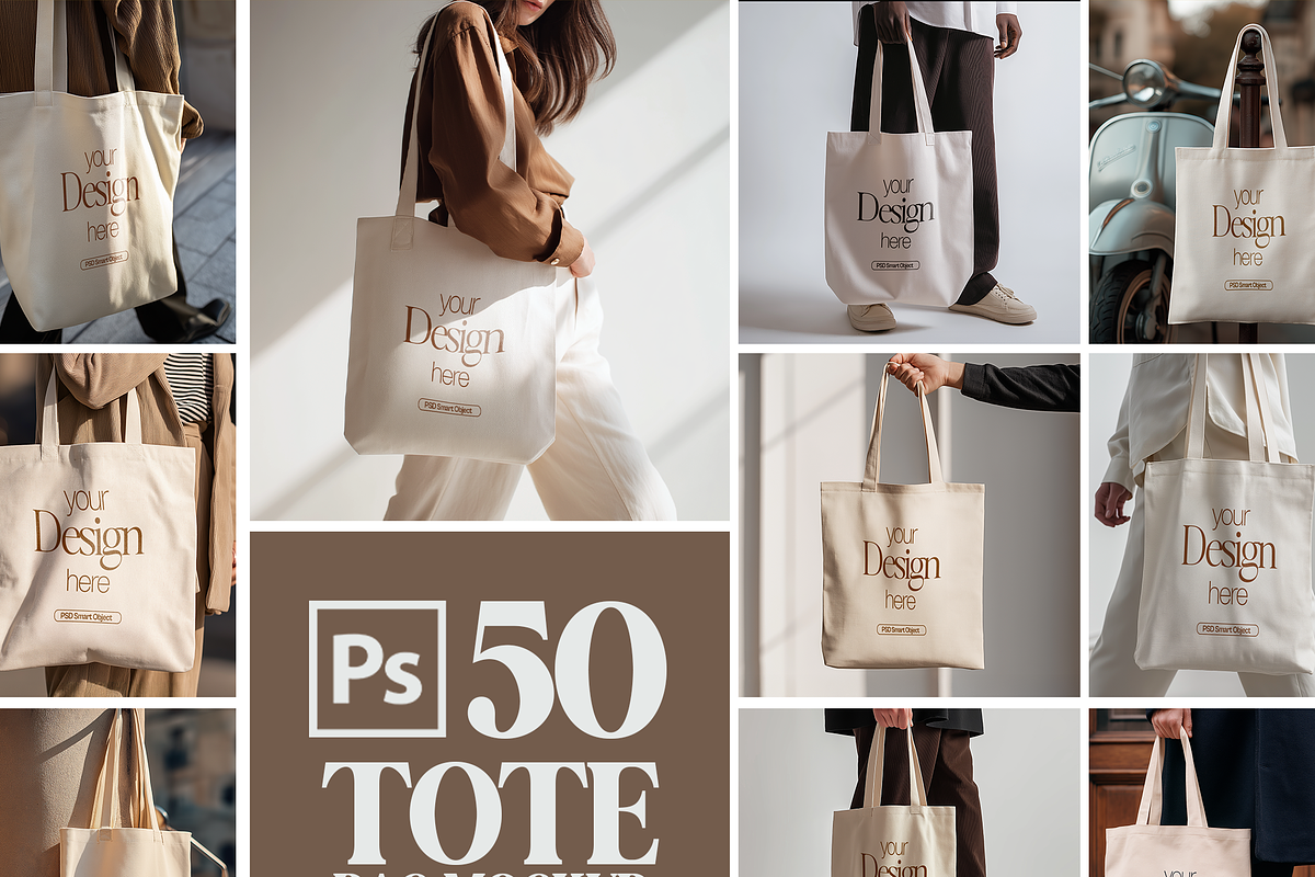 50 Fashion Tote Bag Mockups PSD Bund, a Mockup by MockupShopi (Photo 1 of 10)