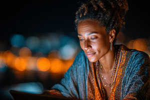 Black woman working on a tablet with city lights in the background at night, a Person Photo by AS photostudio