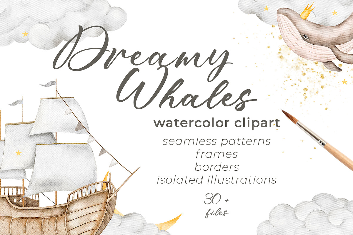 Dreamy Whales Watercolor Clip Art, a Decorative Illustration by Eves_Aquadreams (Photo 1 of 9)