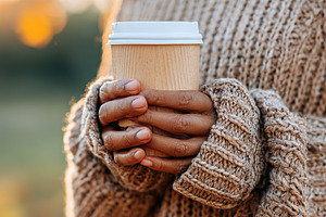 Enjoying a warm beverage in an oversized knit sweater during autumn sunset, a Photo by AlyaAnd