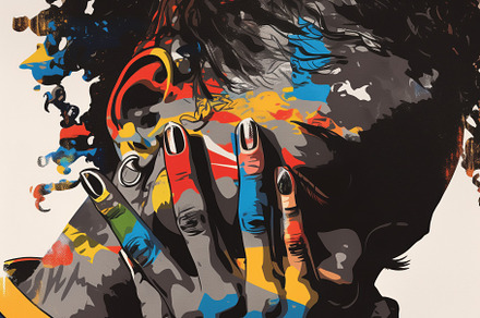 A stylized portrait of a person with colorful paint on their hands, expressing, a Wallpaper Graphic by Textures & Backgrounds