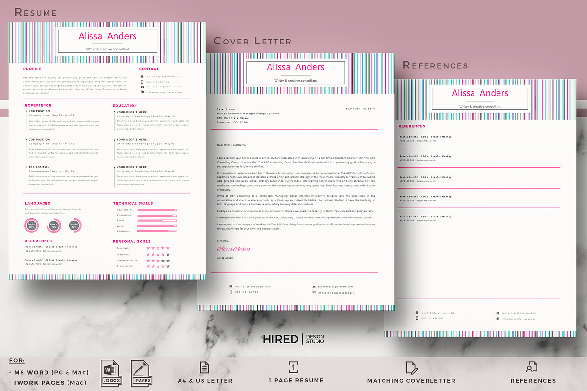 1 Page Resume Template, CV for Word, a Resume Template by HIRED Design Studio (Photo 4 of 10)
